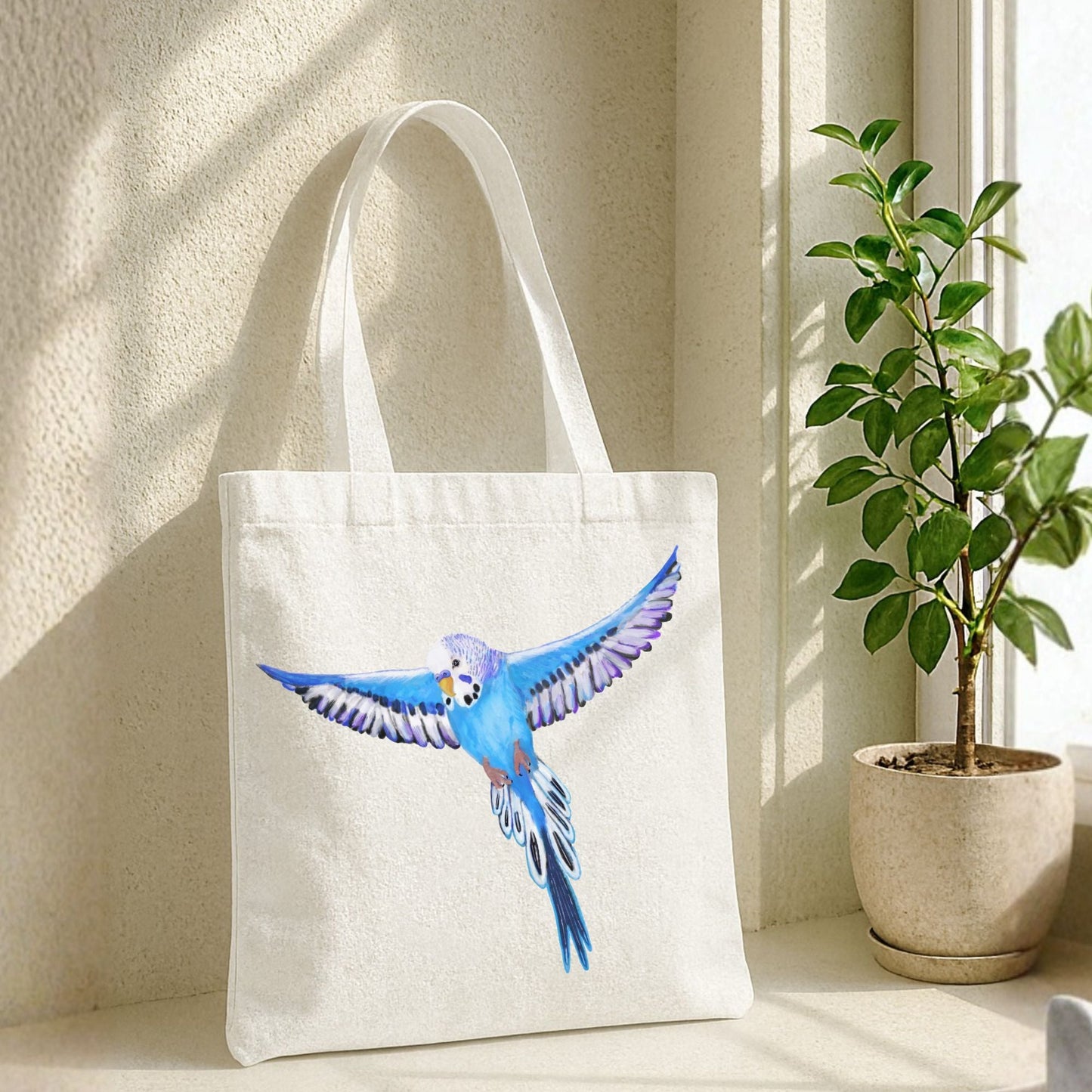 Blue Budgie Flying Canvas Tote Bag - MerikaArt