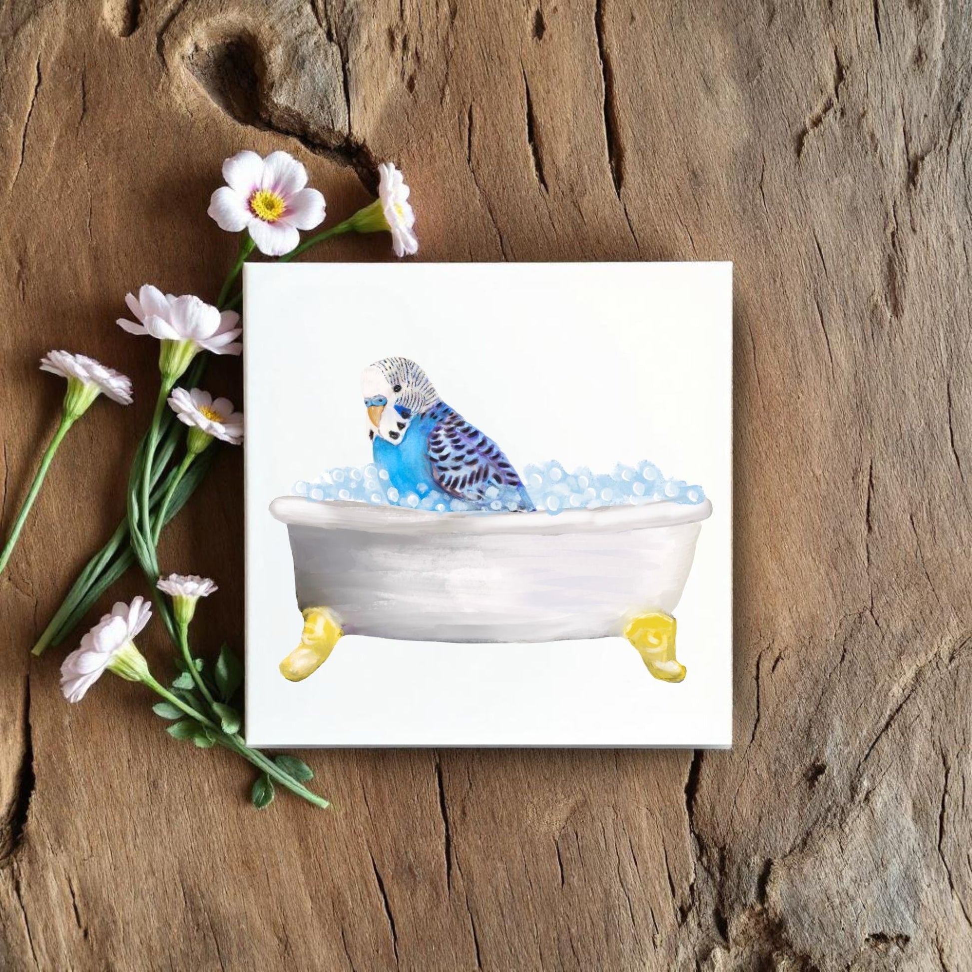 Blue Budgie in Bathtub Ceramic Tile – Handcrafted Whimsical Decor - MerikaArt