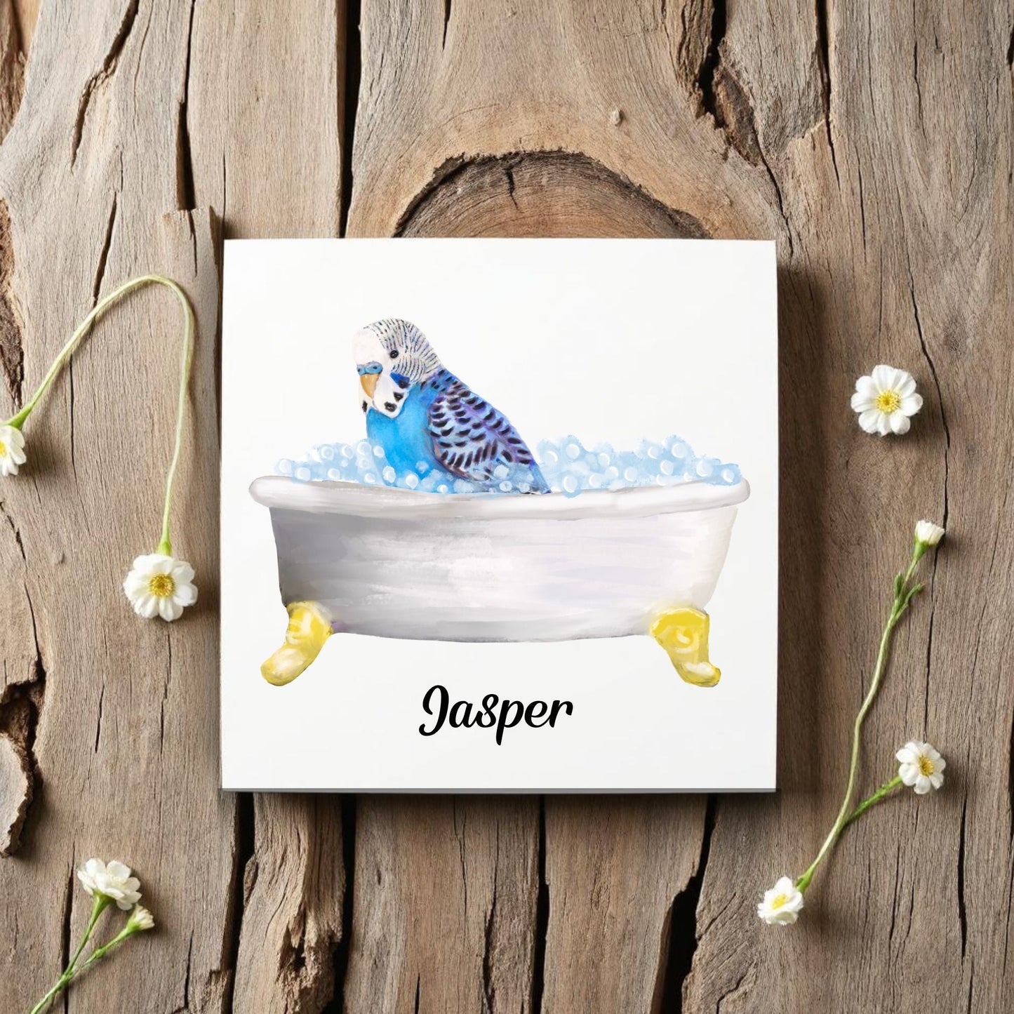 Blue Budgie in Bathtub Ceramic Tile – Handcrafted Whimsical Decor - MerikaArt