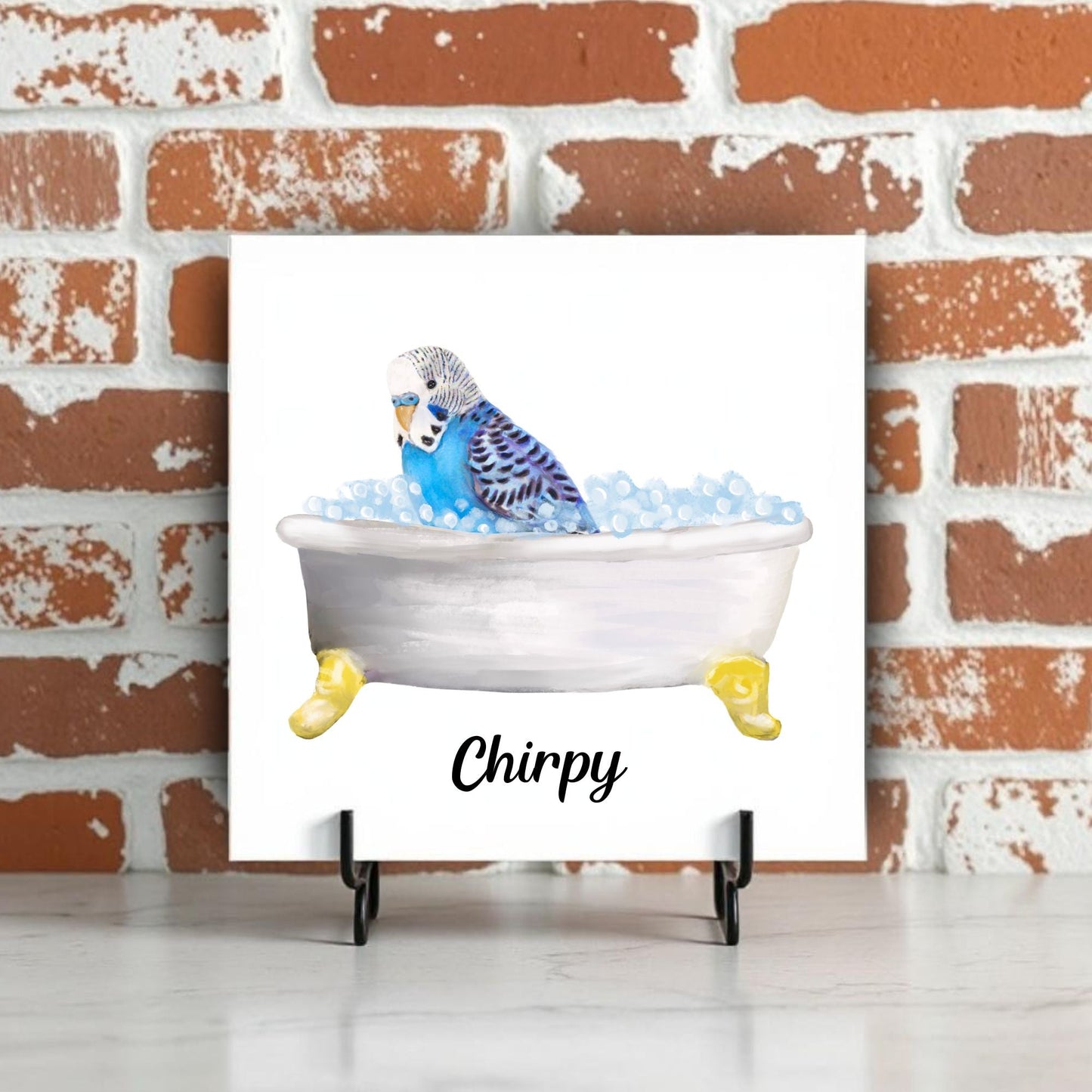 Blue Budgie in Bathtub Ceramic Tile – Handcrafted Whimsical Decor - MerikaArt