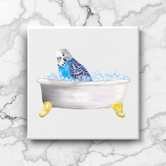 Blue Budgie in Bathtub Ceramic Tile – Handcrafted Whimsical Decor - MerikaArt