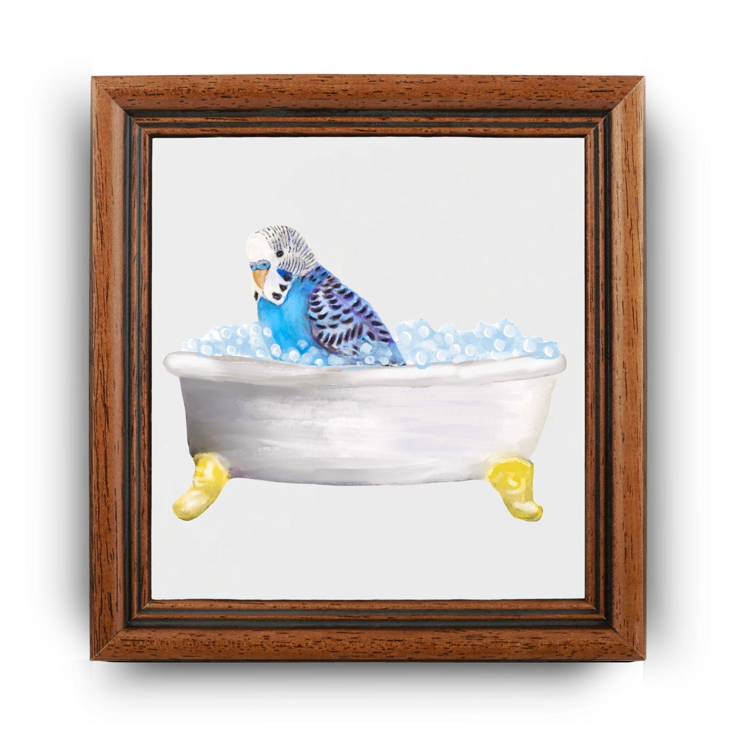 Blue Budgie in Bathtub Ceramic Tile – Handcrafted Whimsical Decor - MerikaArt