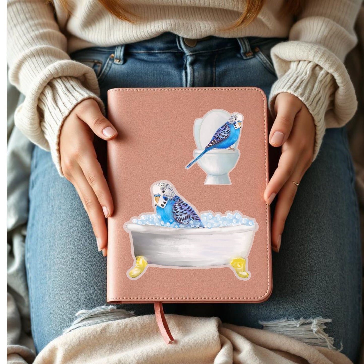 Blue Budgie in Bathtub Vinyl Sticker - MerikaArt