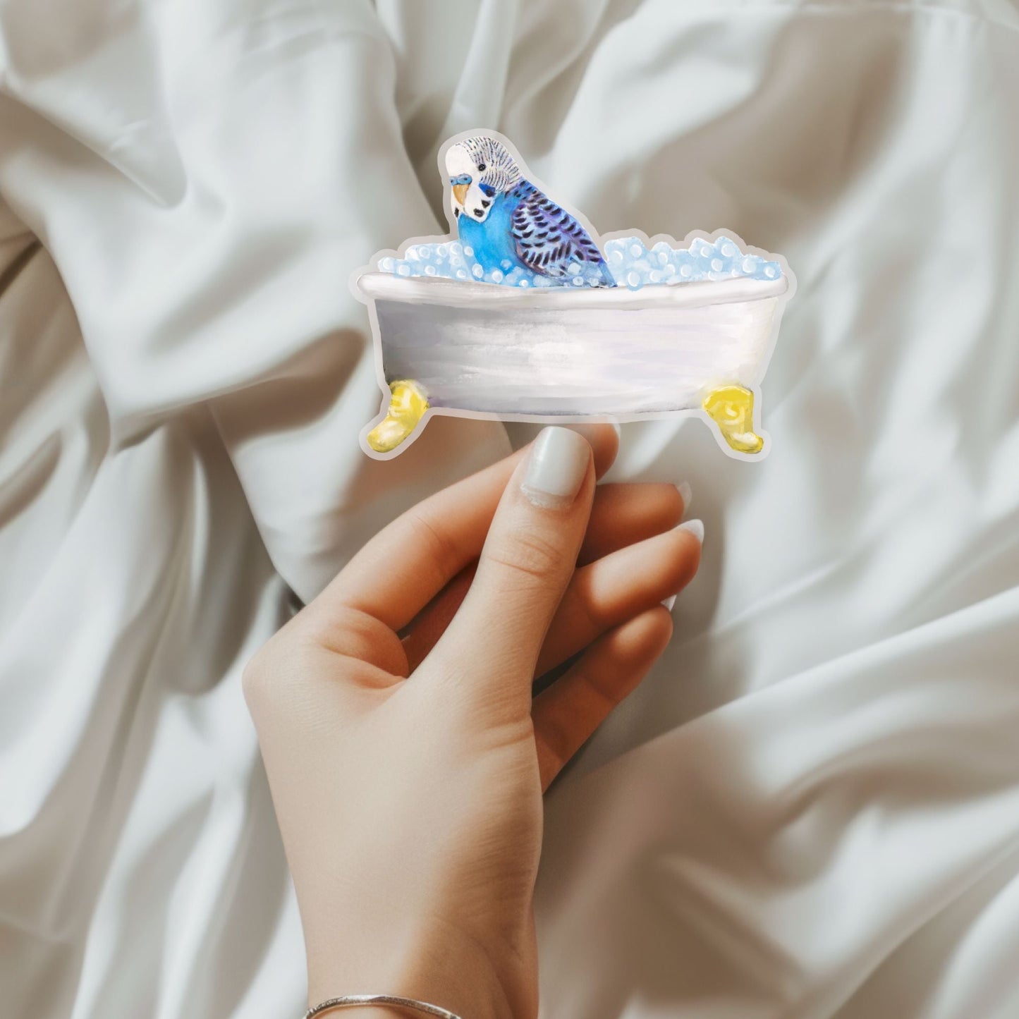Blue Budgie in Bathtub Vinyl Sticker - MerikaArt