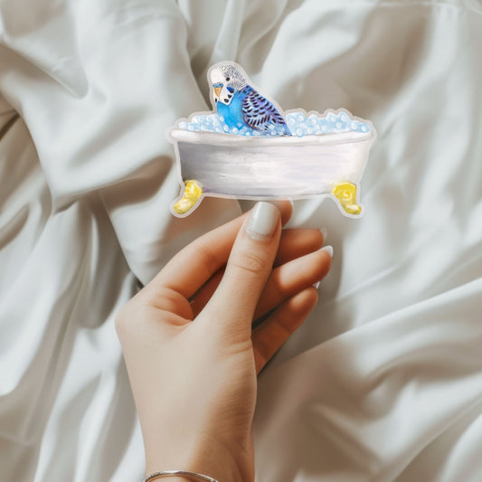 Blue Budgie in Bathtub Vinyl Sticker - MerikaArt
