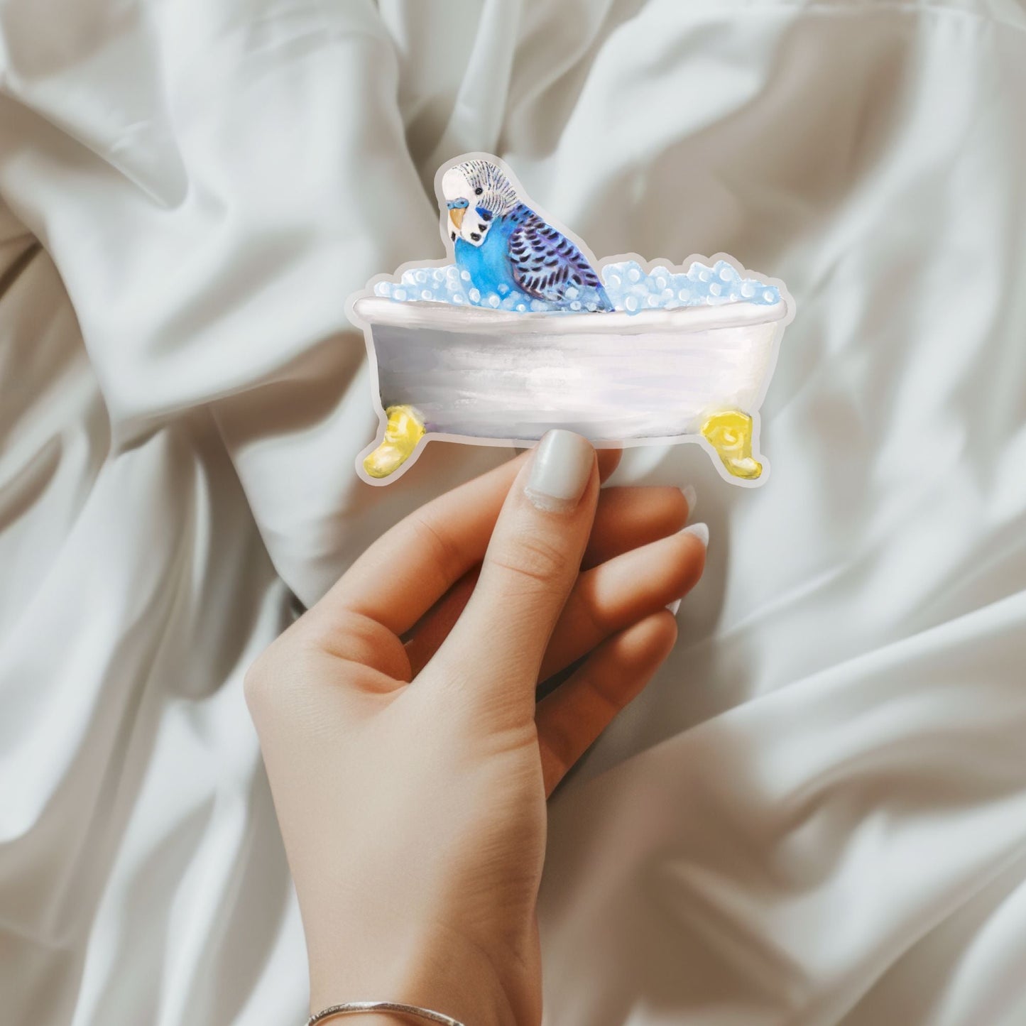 Blue Budgie in Bathtub Vinyl Sticker - MerikaArt