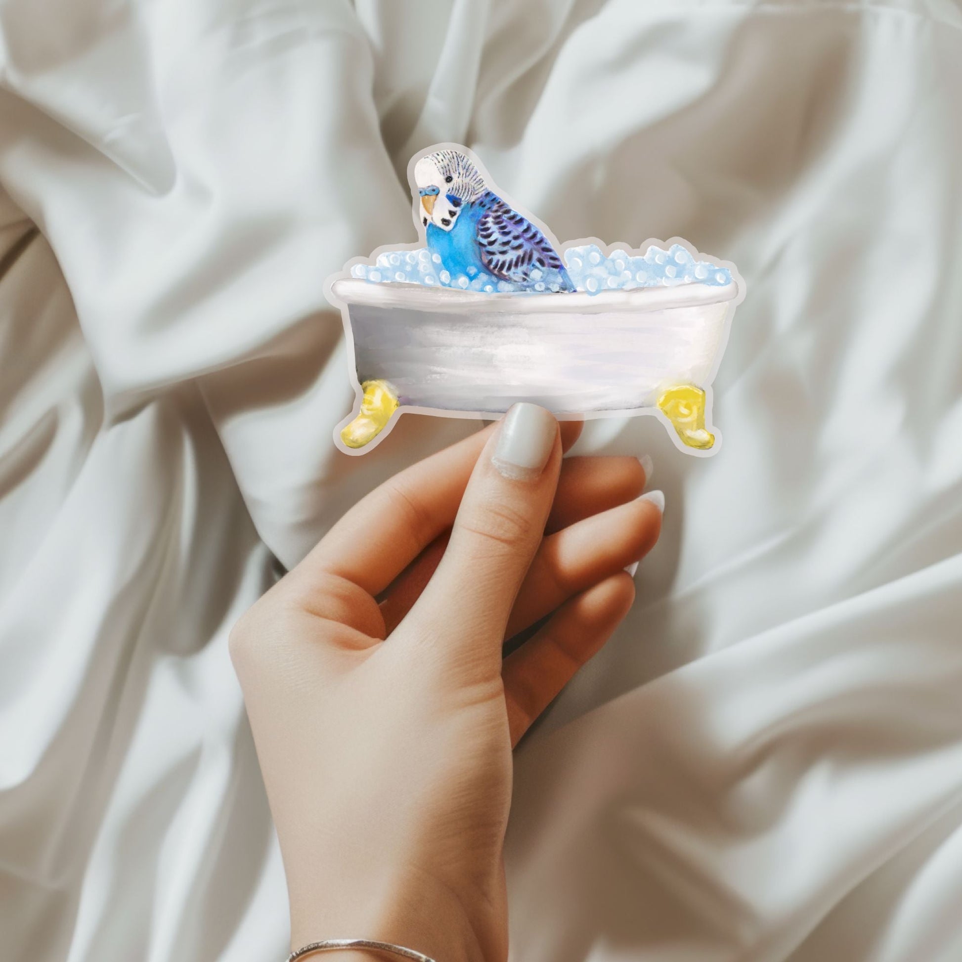 Blue Budgie in Bathtub Vinyl Sticker - MerikaArt