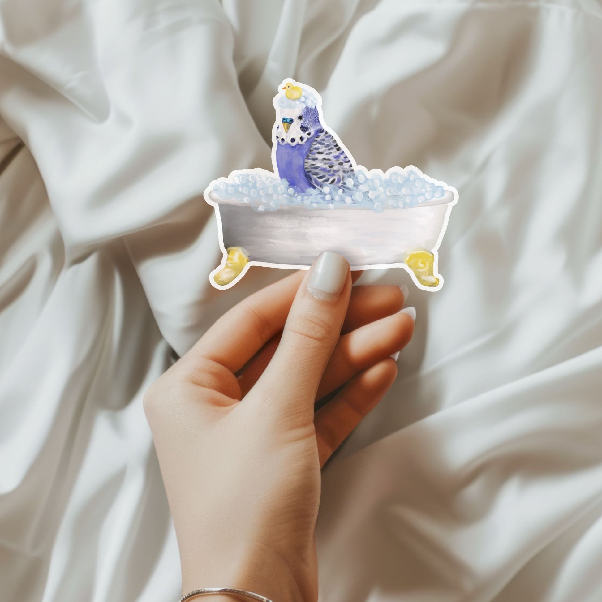 Blue Budgie in Bathtub Vinyl Sticker - MerikaArt