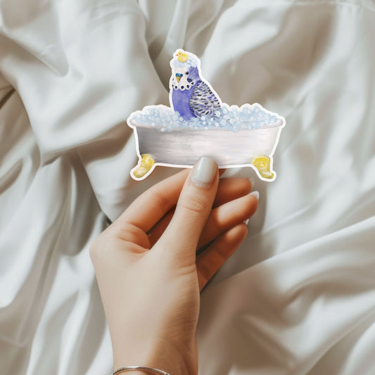 Blue Budgie in Bathtub Vinyl Sticker - MerikaArt