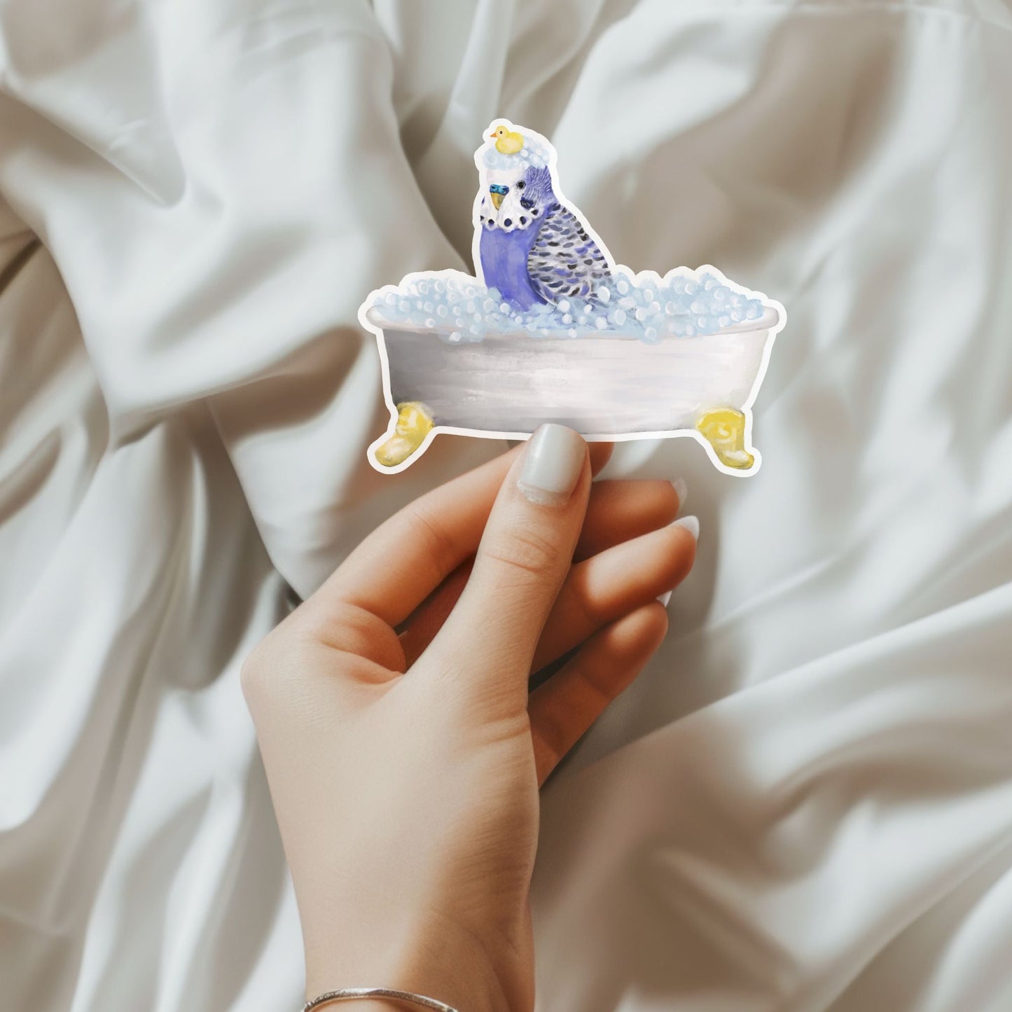 Blue Budgie in Bathtub Vinyl Sticker - MerikaArt