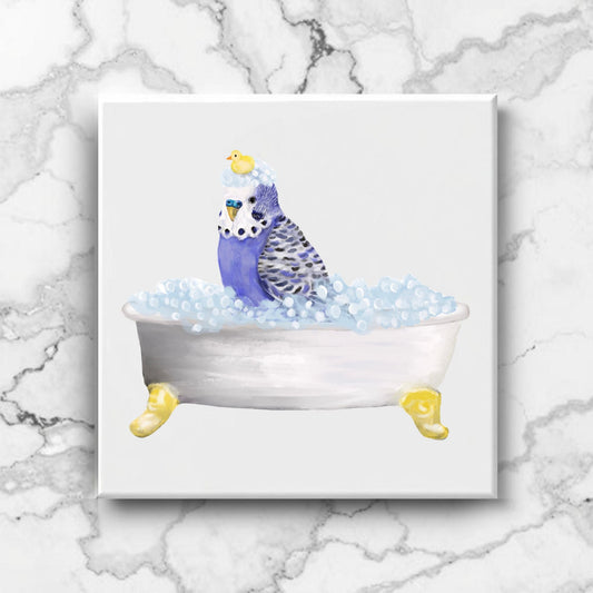 Blue Budgie in Bubble Bath Ceramic Tile – Handcrafted Bird Lover Decor - MerikaArt