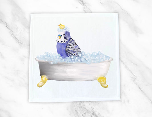 Blue Budgie in Bubble Bath Washcloth – A Whimsical Bird Lover's Gift - MerikaArt