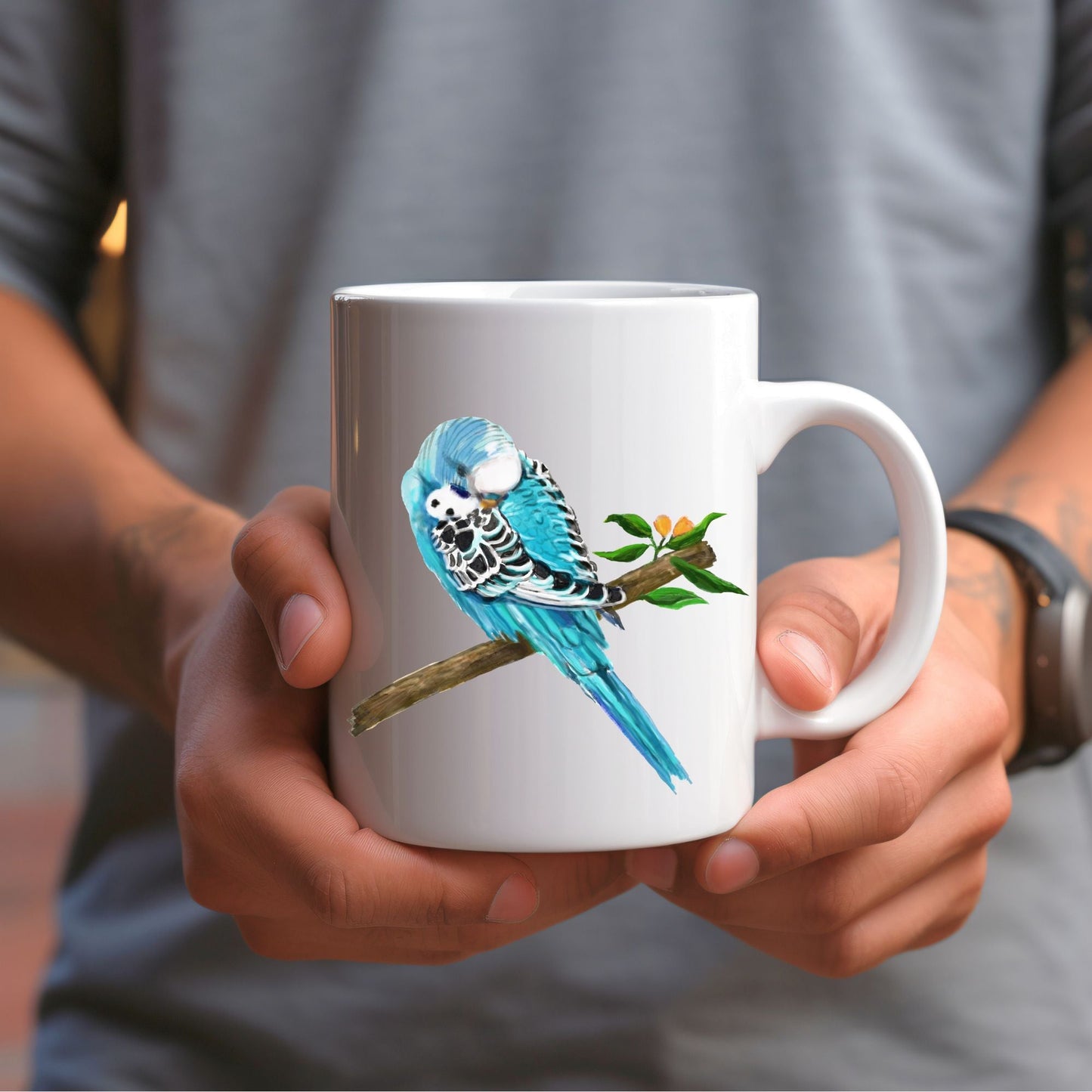 Blue Budgie Mug - MerikaArt