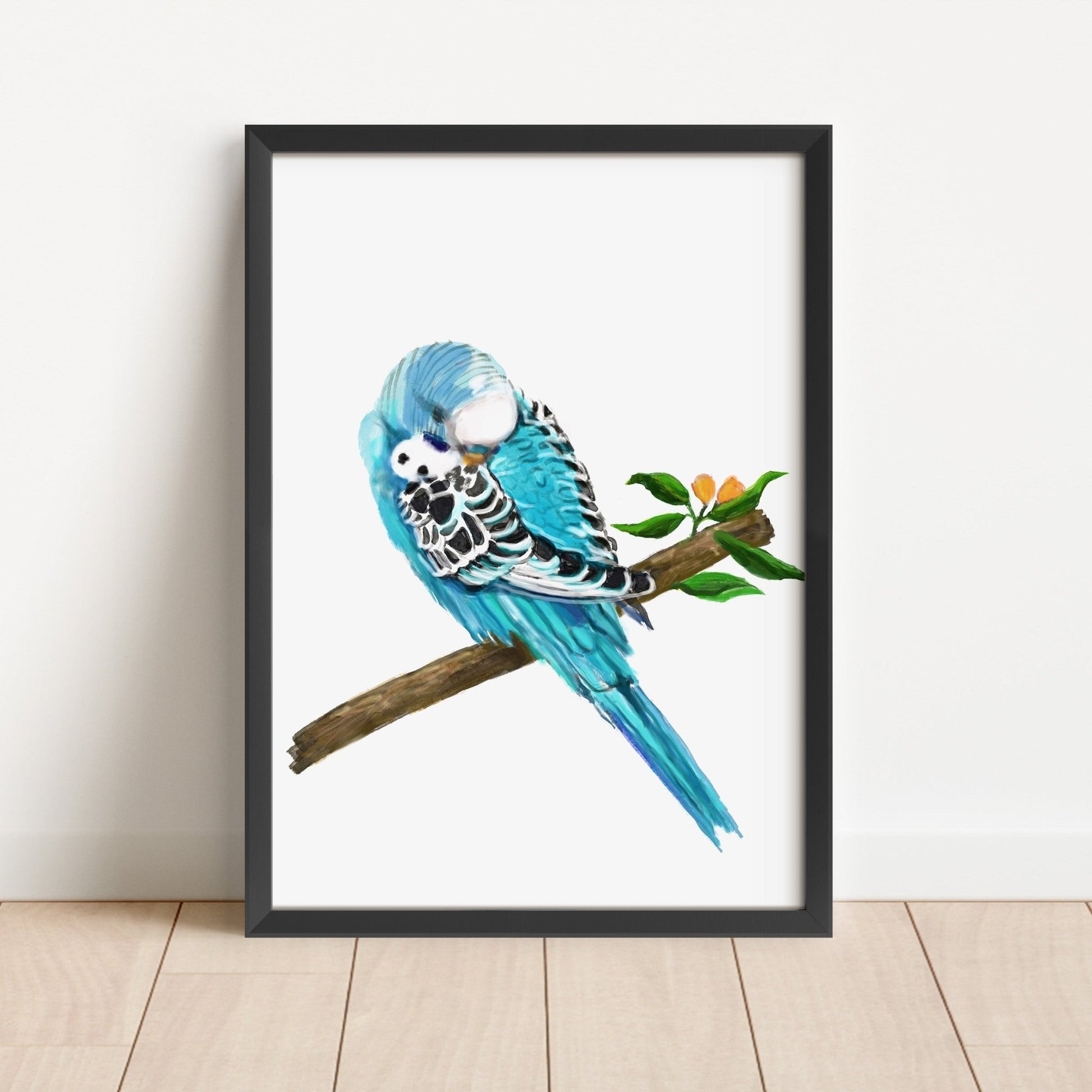 Blue Budgie on Branch Art Print - MerikaArt