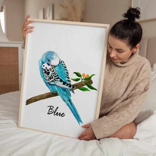 Blue Budgie on Branch Art Print - MerikaArt