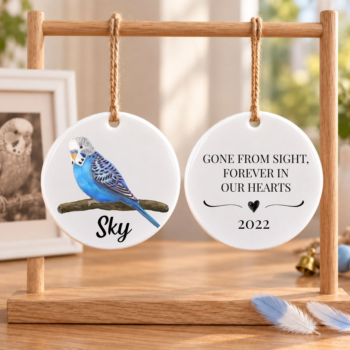 Blue Budgie on Branch Ceramic Ornament - MerikaArt
