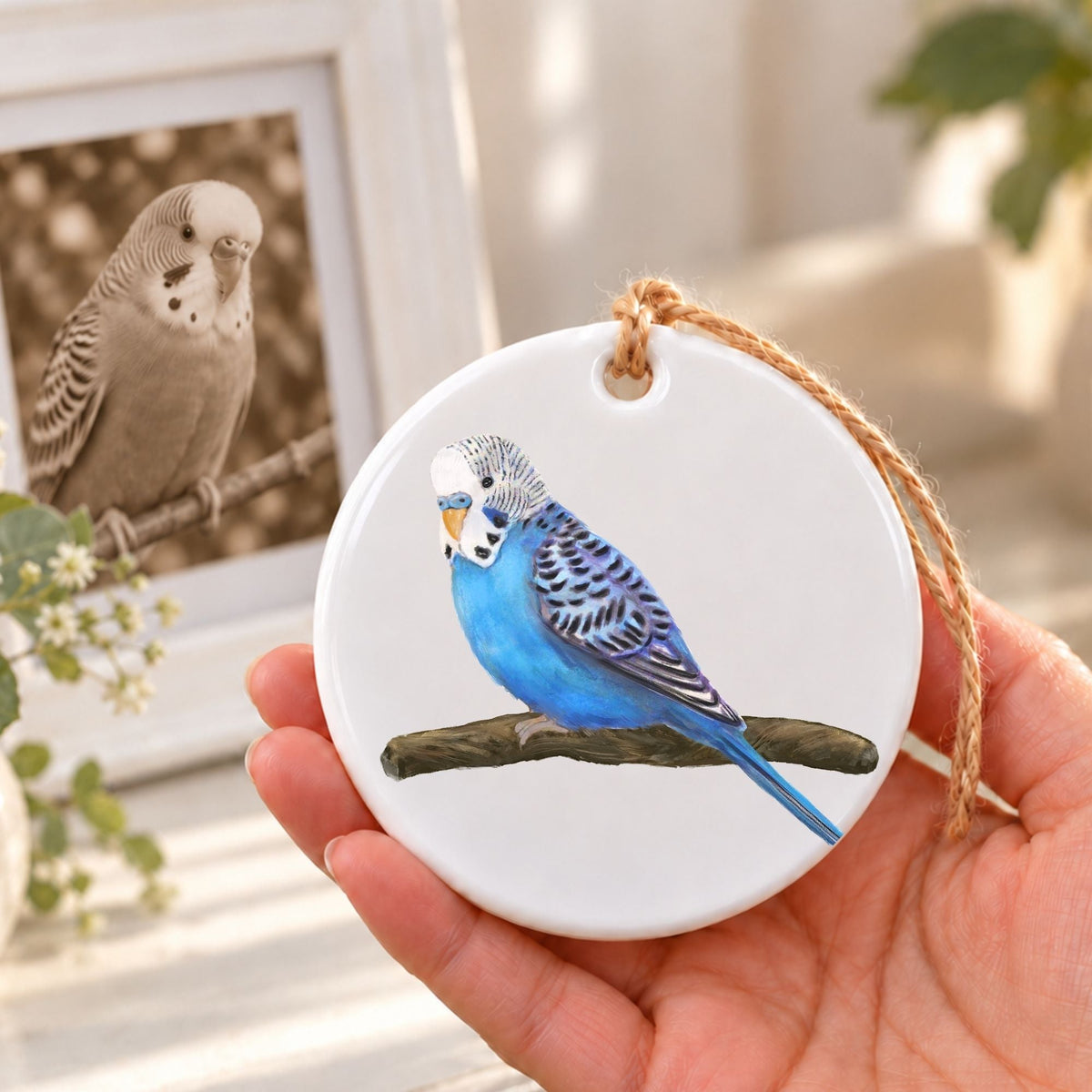 Blue Budgie on Branch Ceramic Ornament - MerikaArt
