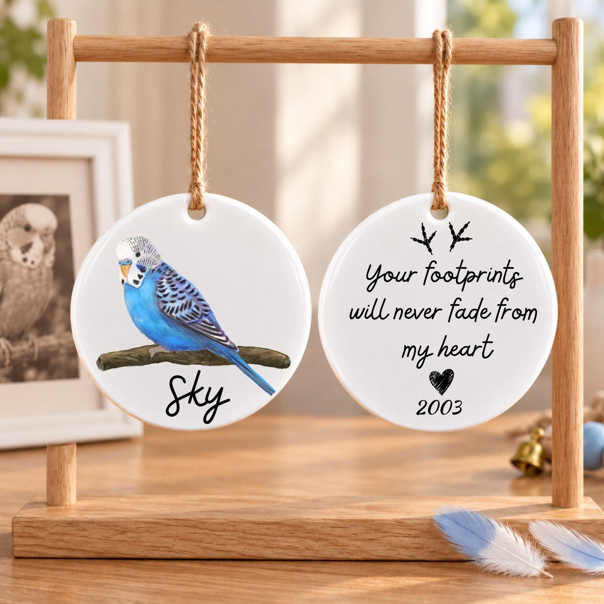 Blue Budgie on Branch Ceramic Ornament - MerikaArt