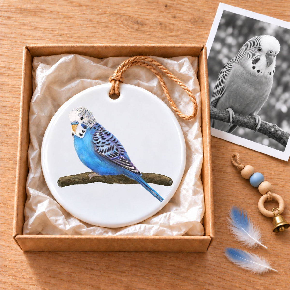 Blue Budgie on Branch Ceramic Ornament - MerikaArt