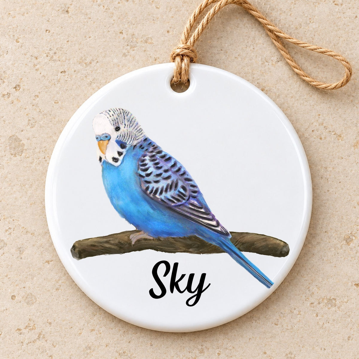 Blue Budgie on Branch Ceramic Ornament - MerikaArt