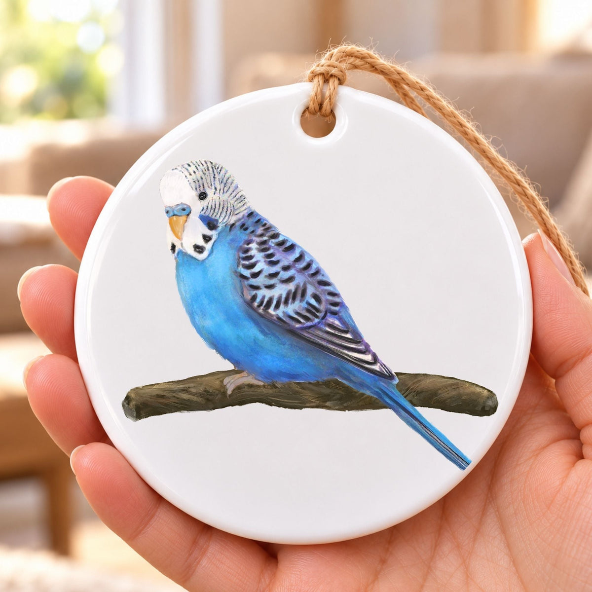 Blue Budgie on Branch Ceramic Ornament - MerikaArt