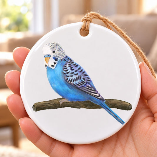 Blue Budgie on Branch Ceramic Ornament - MerikaArt