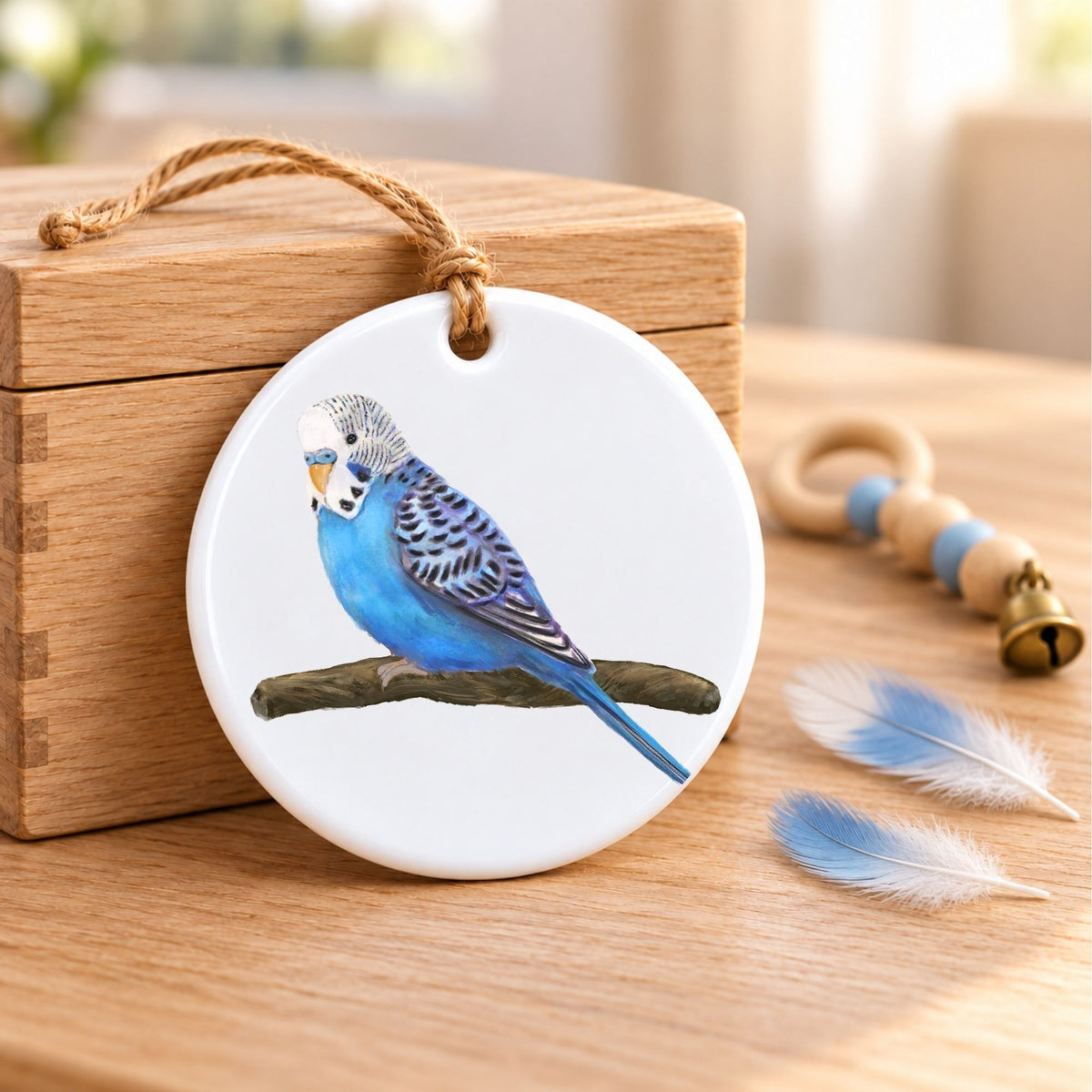 Blue Budgie on Branch Ceramic Ornament - MerikaArt