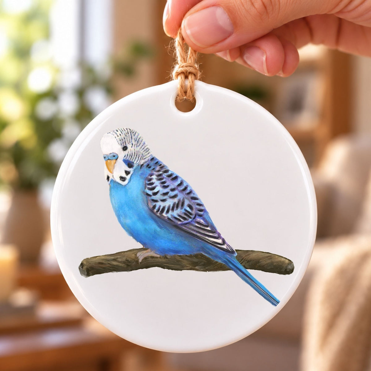 Blue Budgie on Branch Ceramic Ornament - MerikaArt