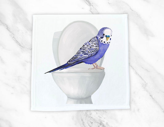 Blue Budgie on Toilet Washcloth – Fun Gift for Bird Lovers - MerikaArt