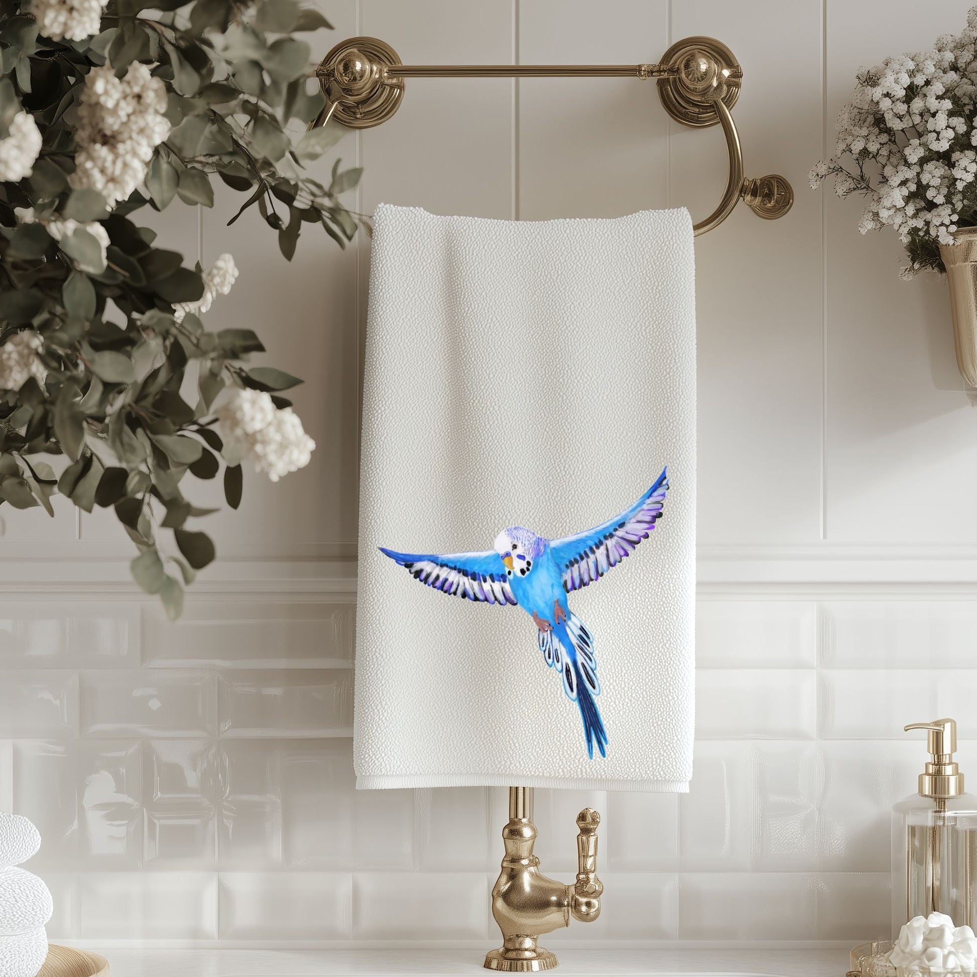 Blue Budgie Parakeet Bathroom Towel - MerikaArt