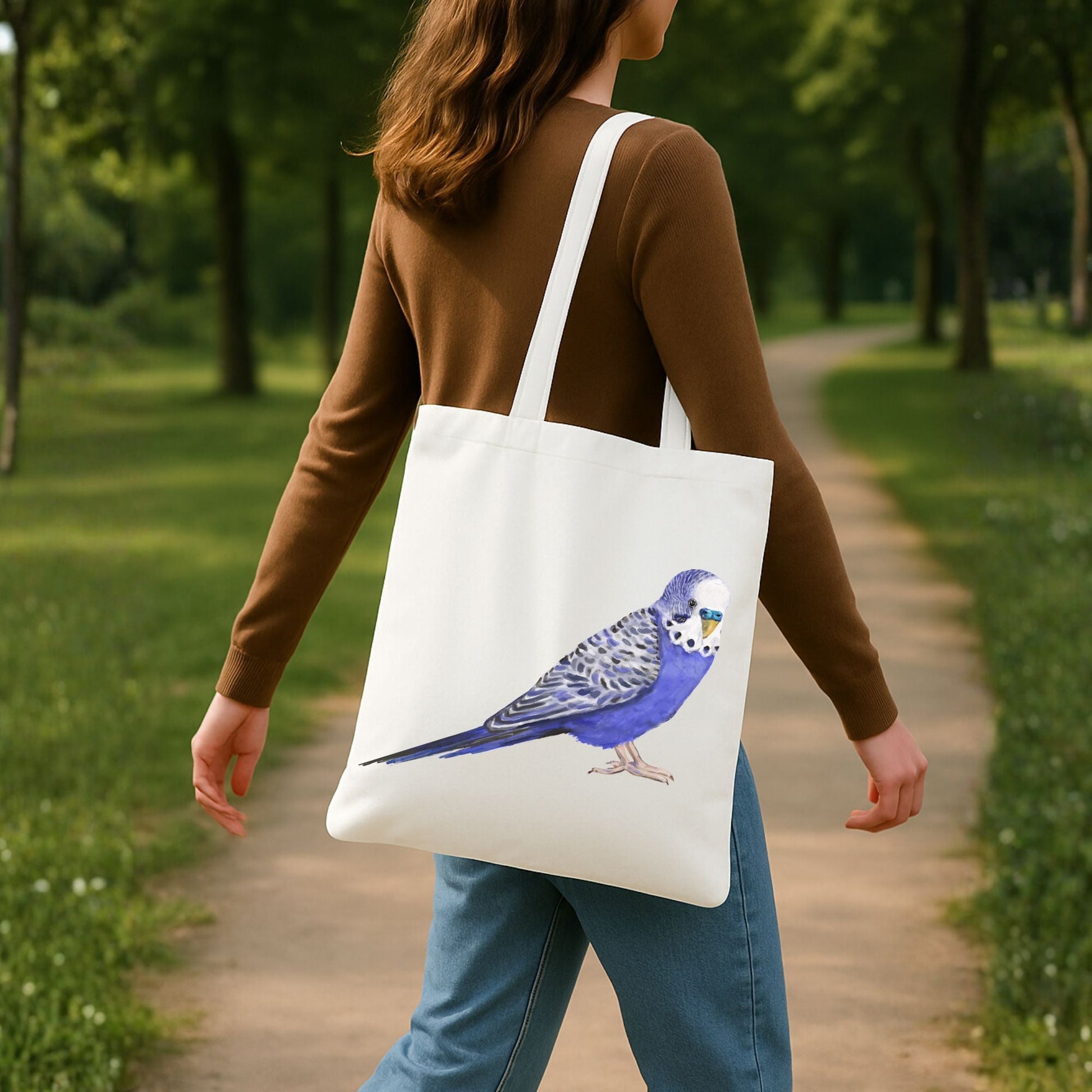 Blue Budgie Parakeet Canvas Tote Bag - MerikaArt