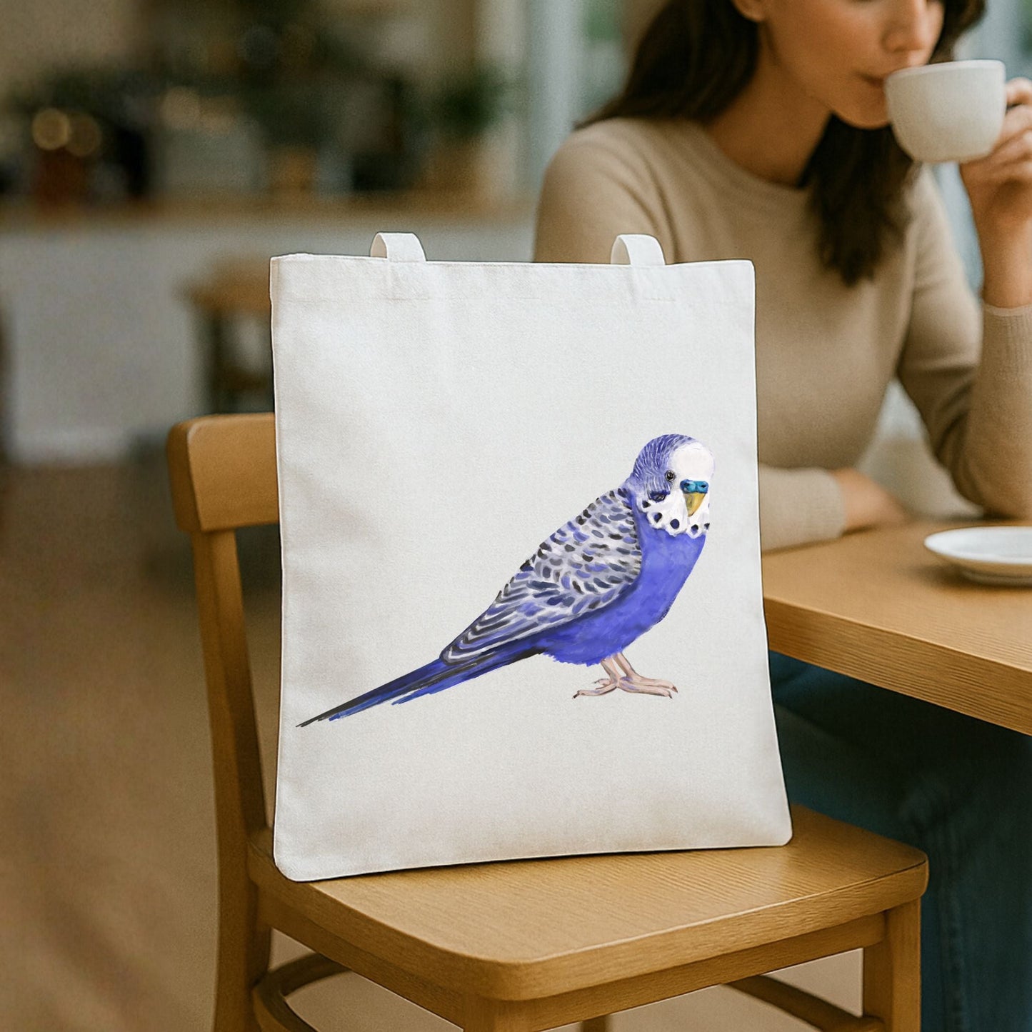 Blue Budgie Parakeet Canvas Tote Bag - MerikaArt