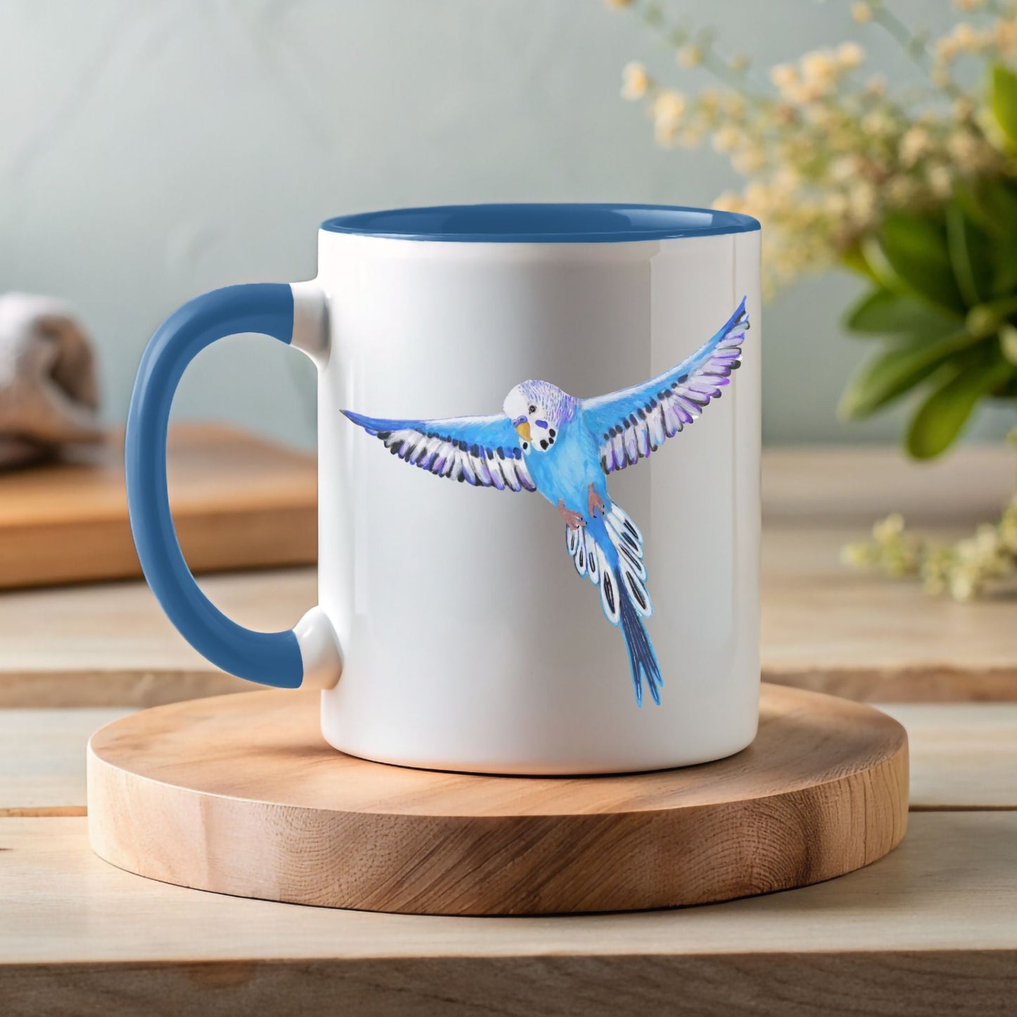 Blue Budgie Parakeet Ceramic Coffee Mug - MerikaArt