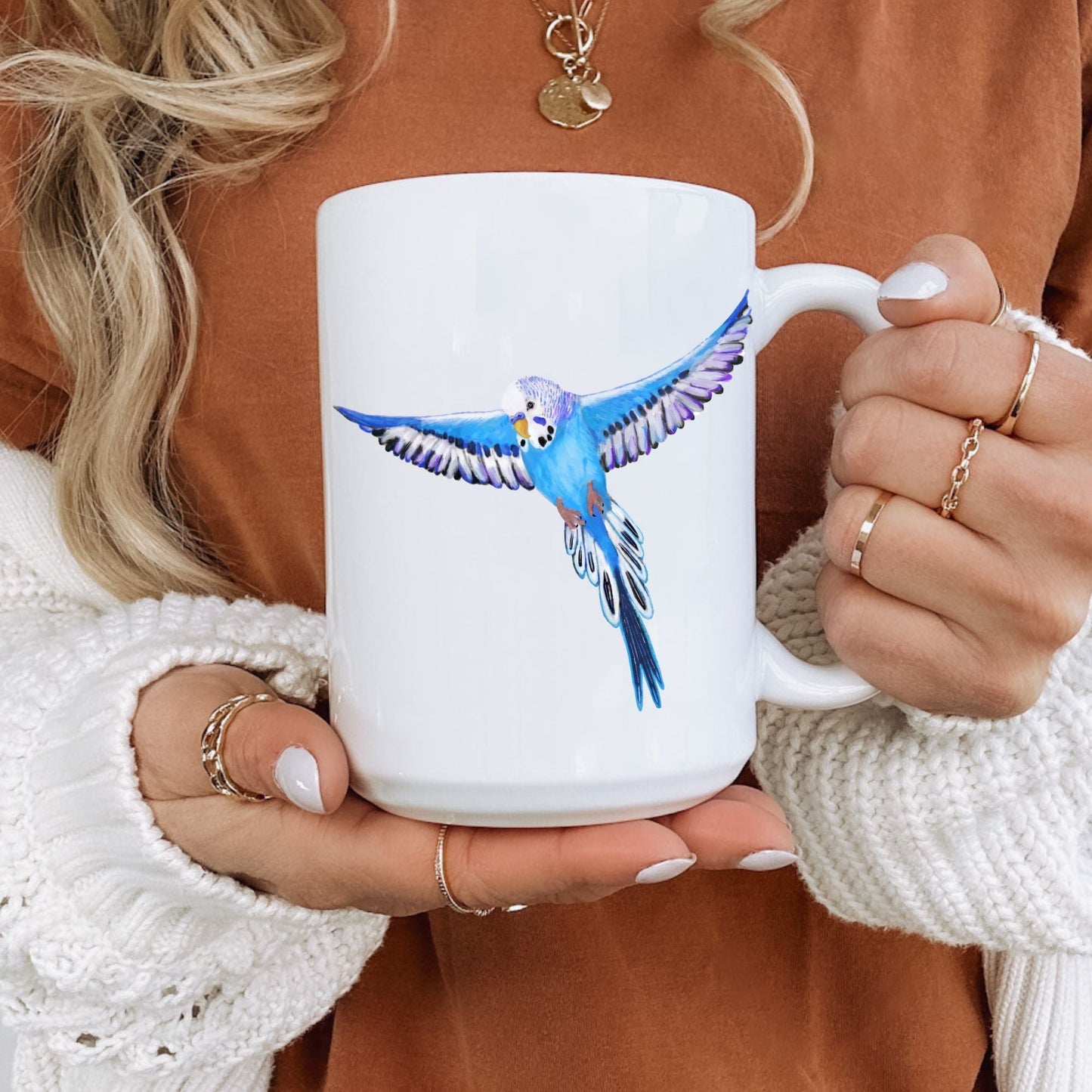 Blue Budgie Parakeet Ceramic Coffee Mug - MerikaArt