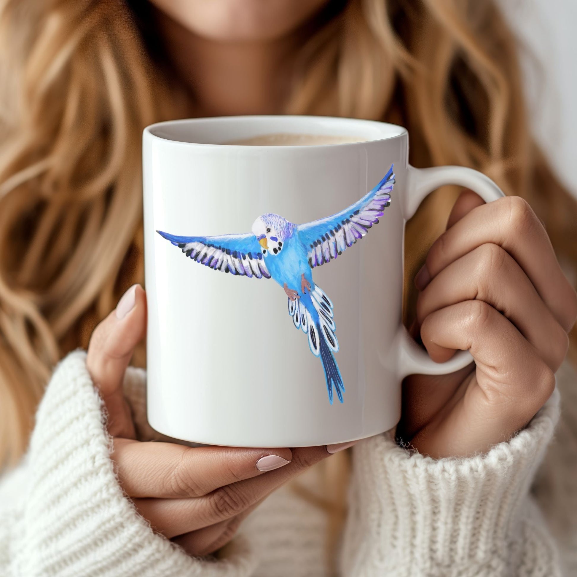 Blue Budgie Parakeet Ceramic Coffee Mug - MerikaArt