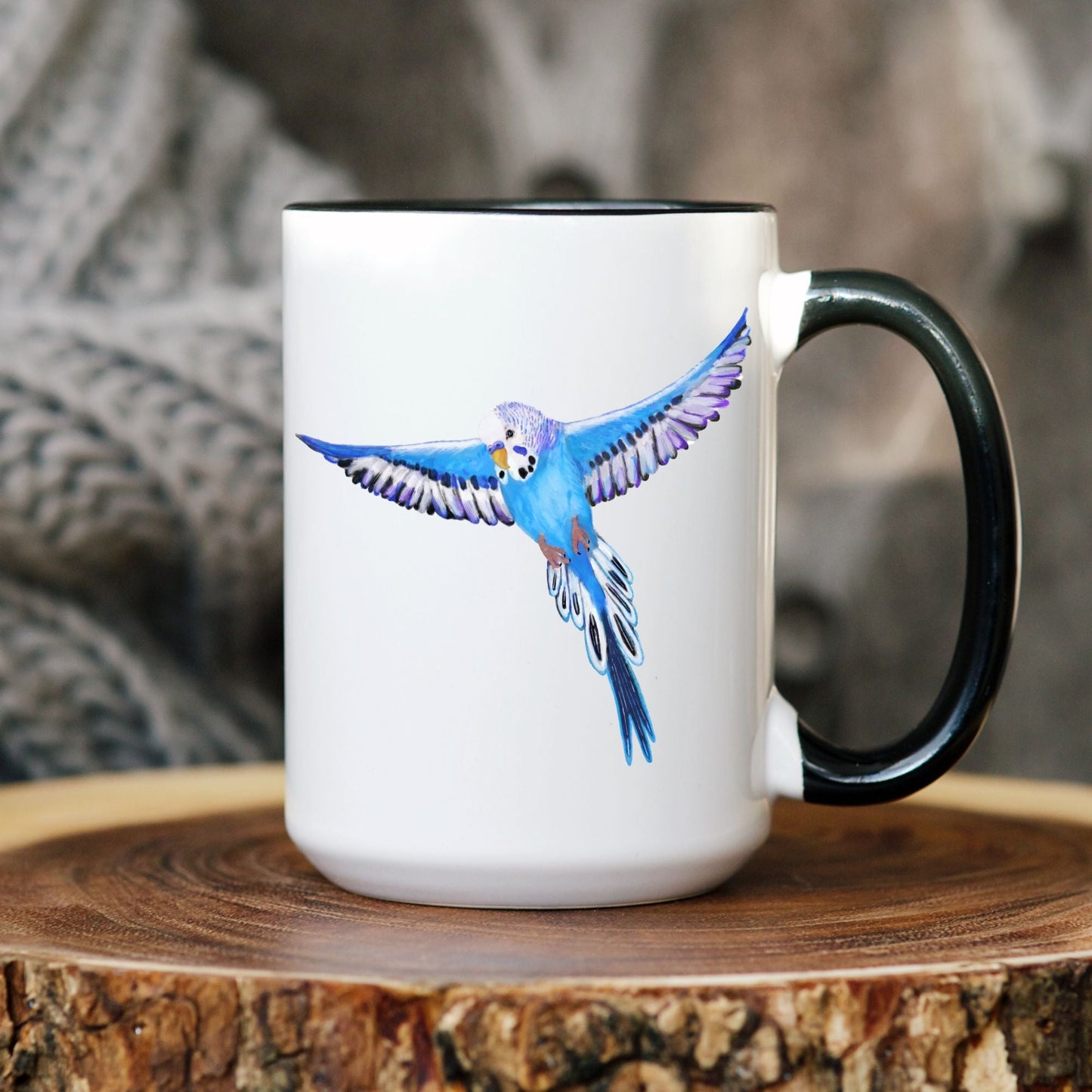 Blue Budgie Parakeet Ceramic Coffee Mug - MerikaArt