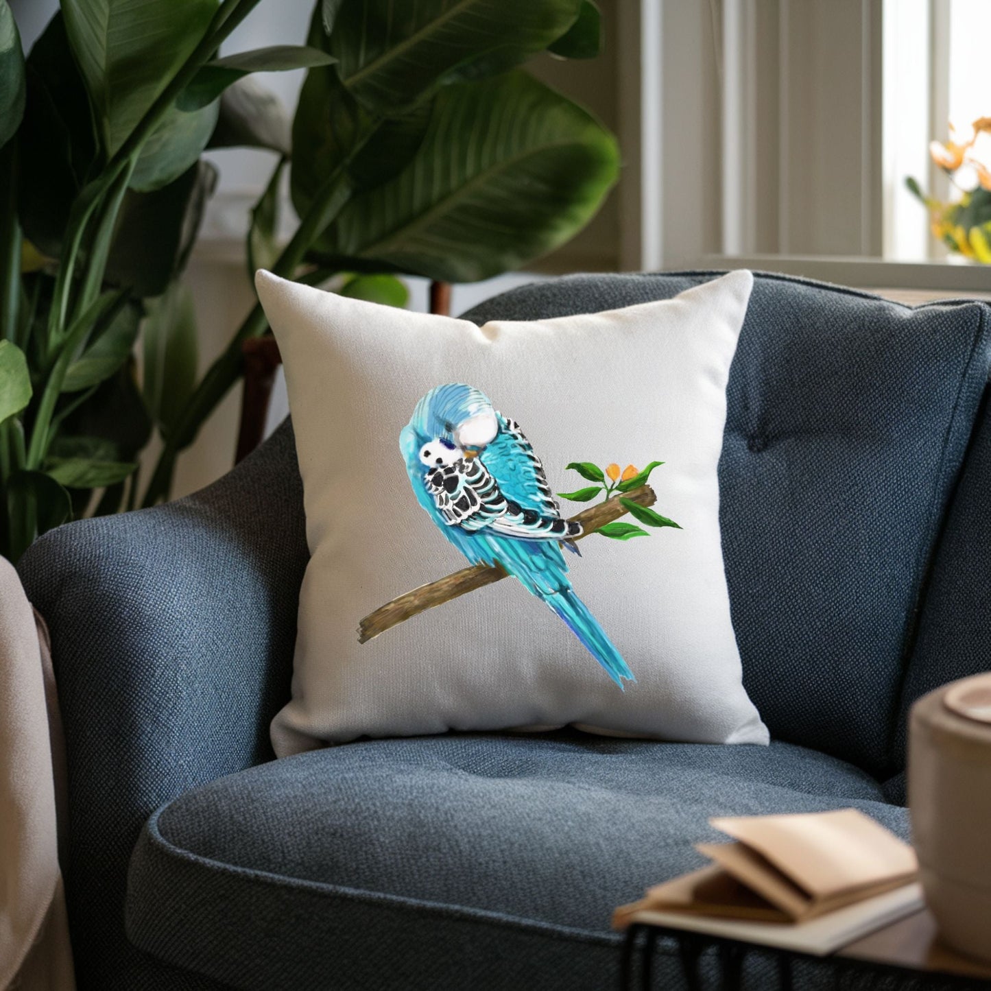 Blue Budgie Pillow - MerikaArt