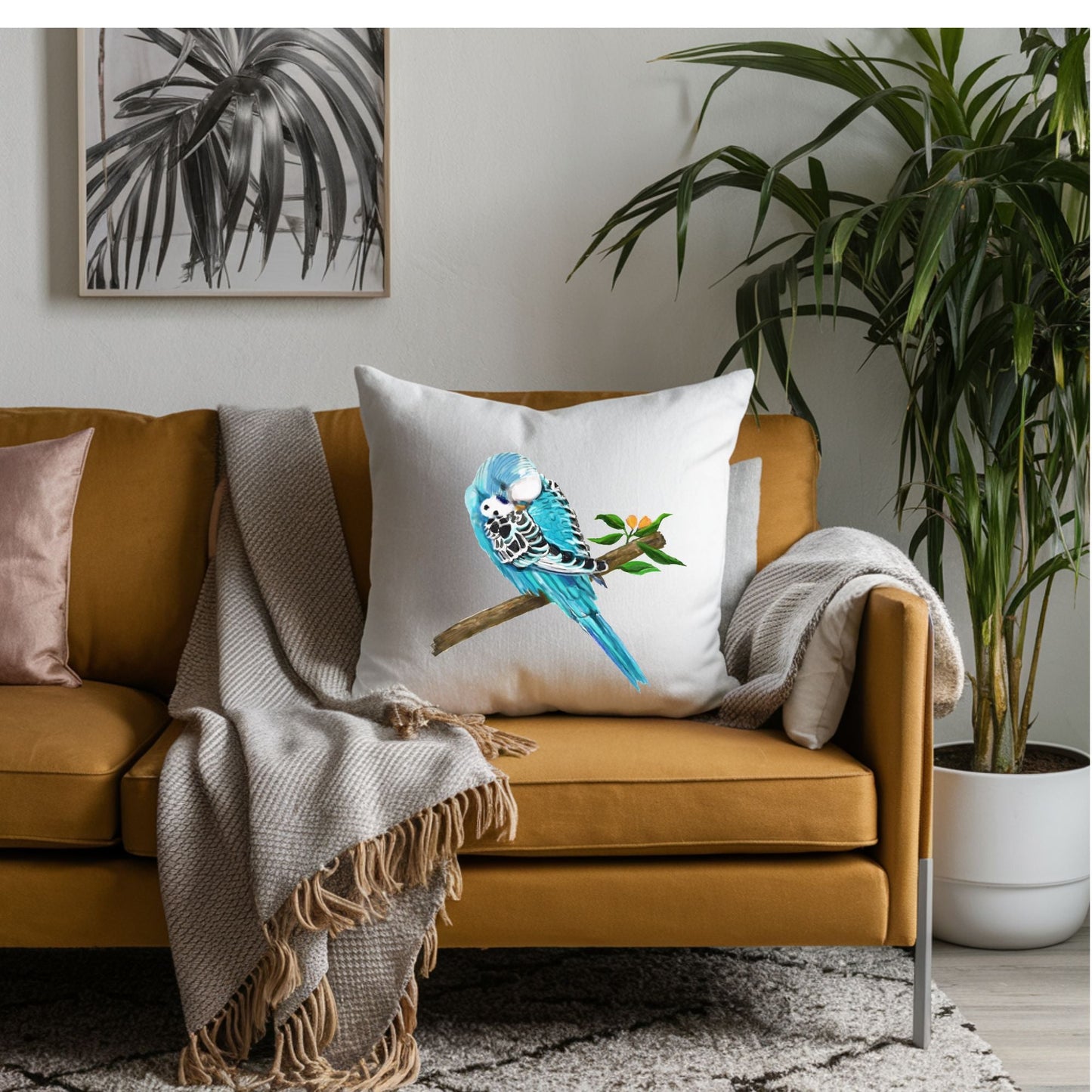 Blue Budgie Pillow - MerikaArt