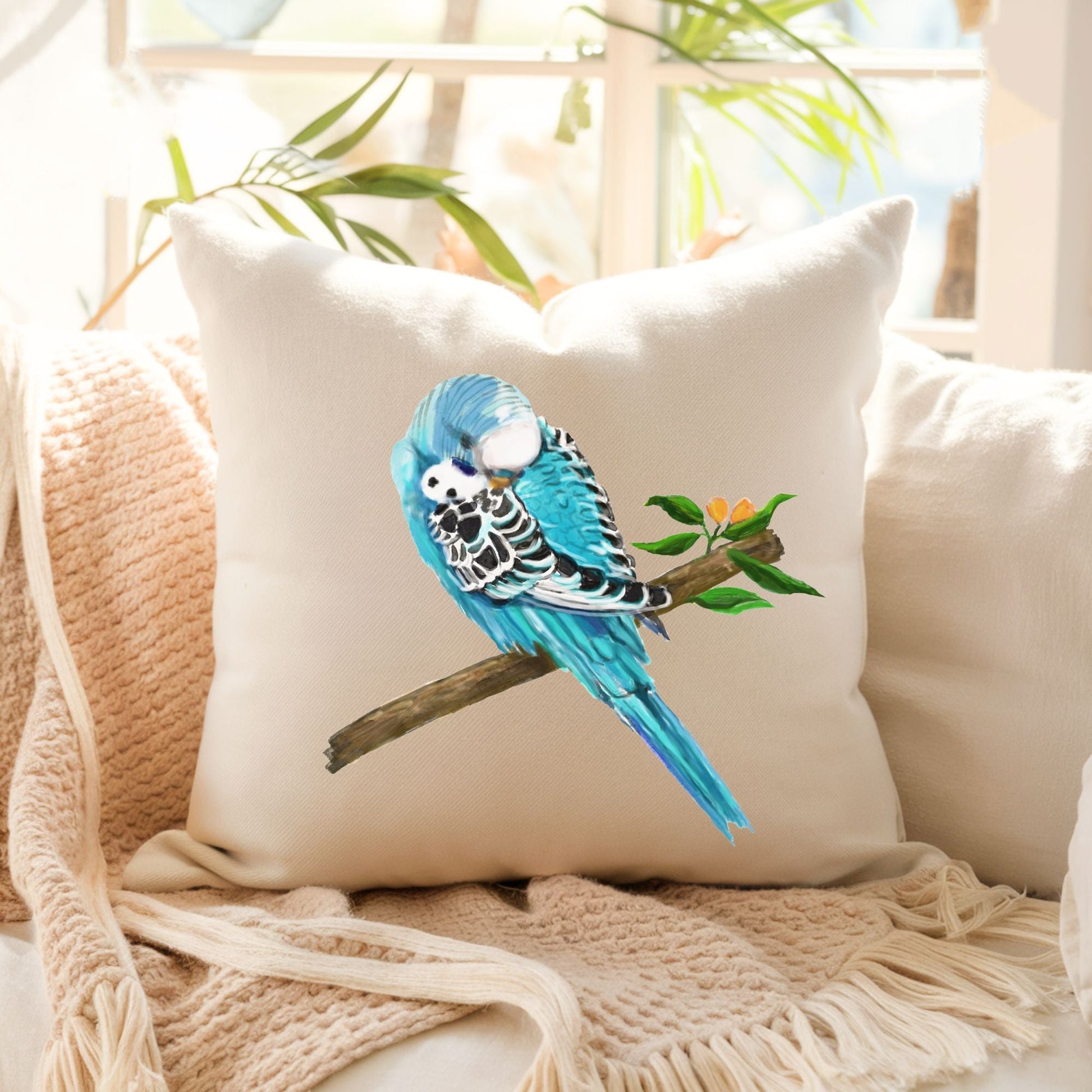 Blue Budgie Pillow - MerikaArt