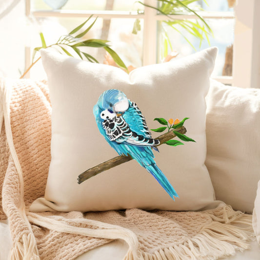 Blue Budgie Pillow - MerikaArt