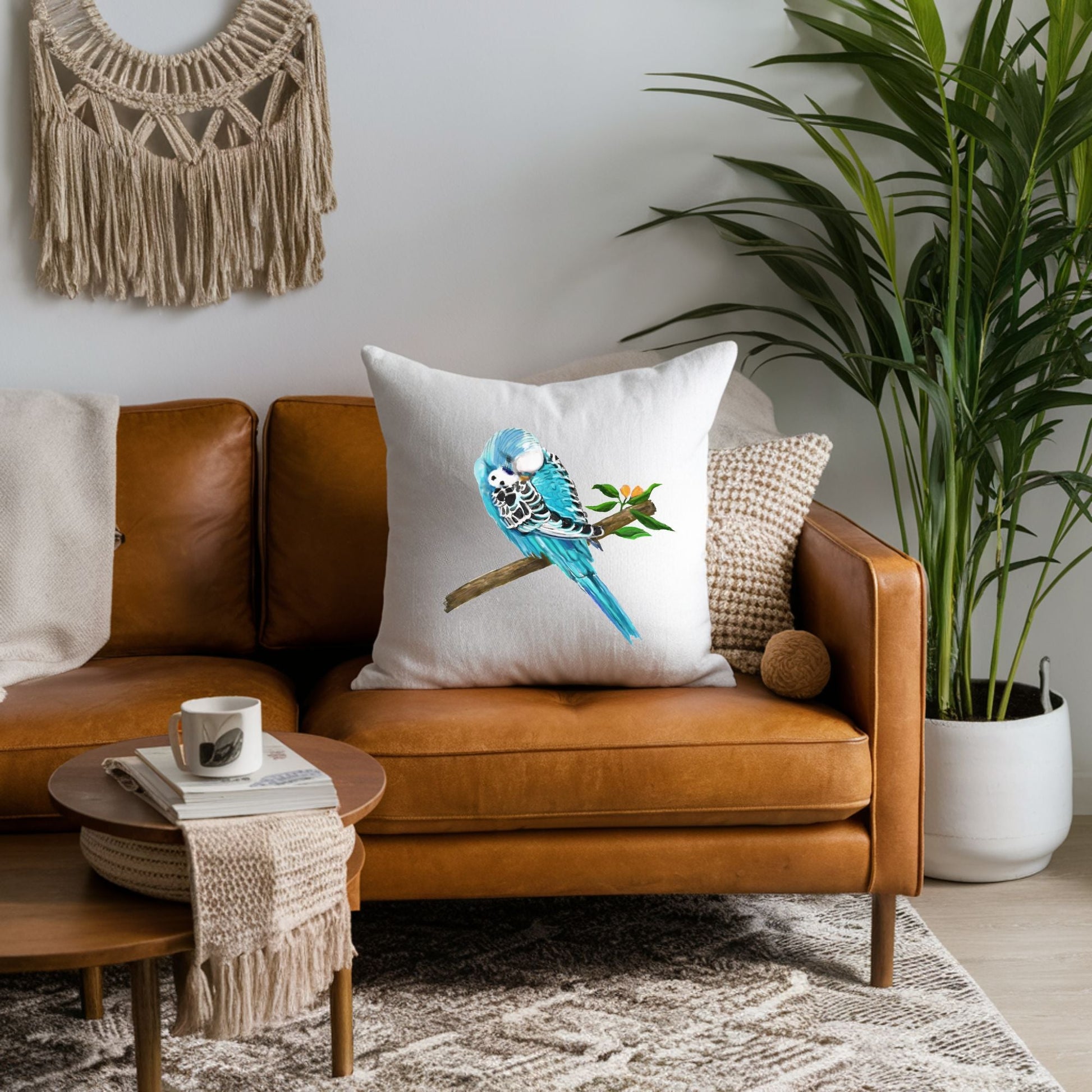 Blue Budgie Pillow - MerikaArt