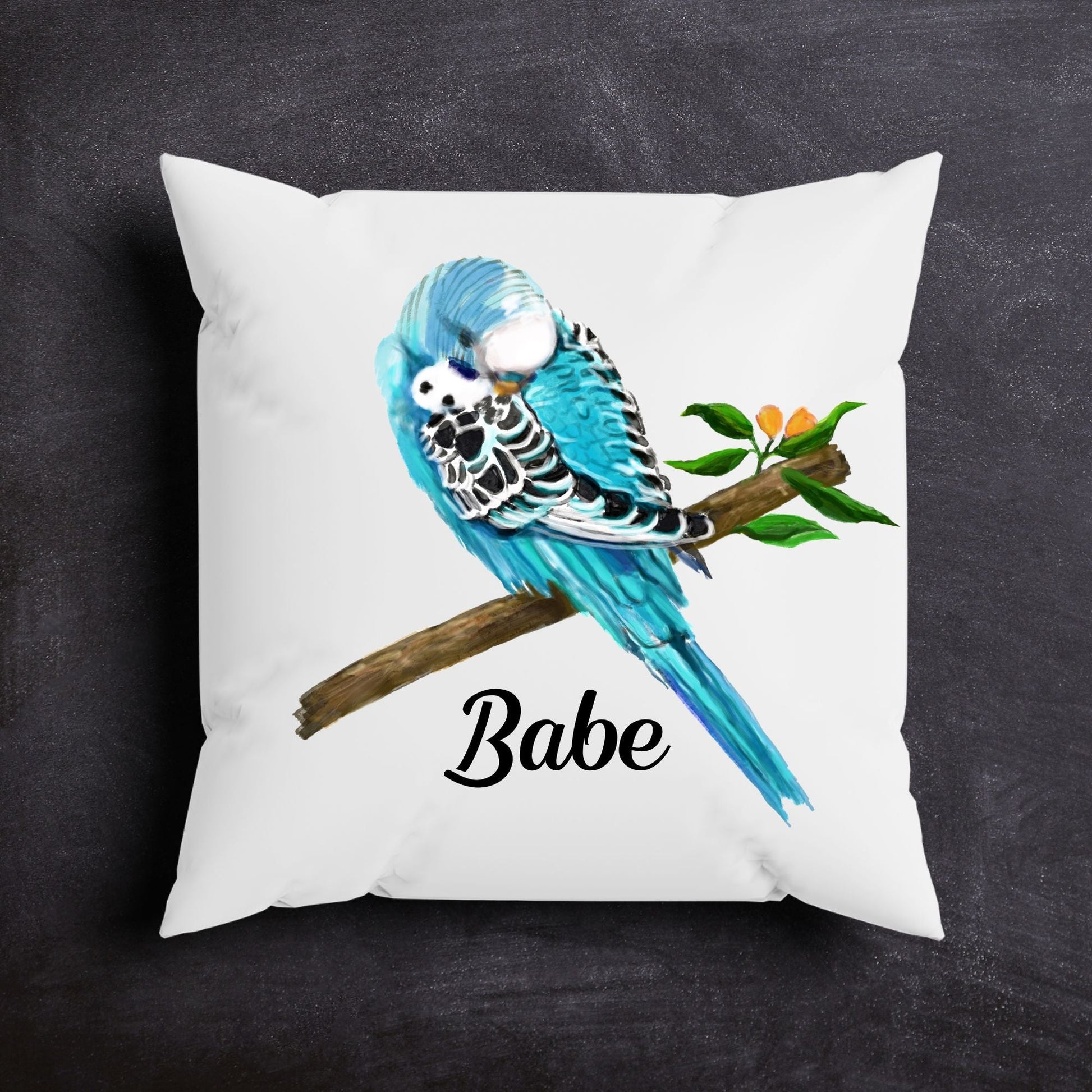 Blue Budgie Pillow - MerikaArt