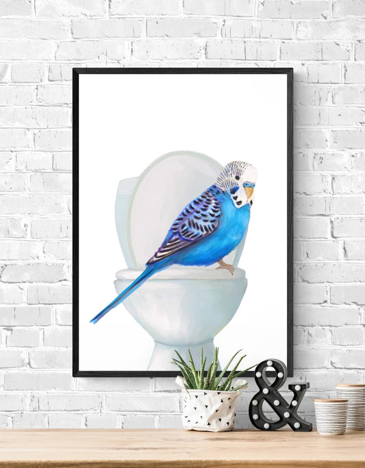 Blue Budgie Toilet Art Print – Whimsical Bird Bathroom Decor - MerikaArt