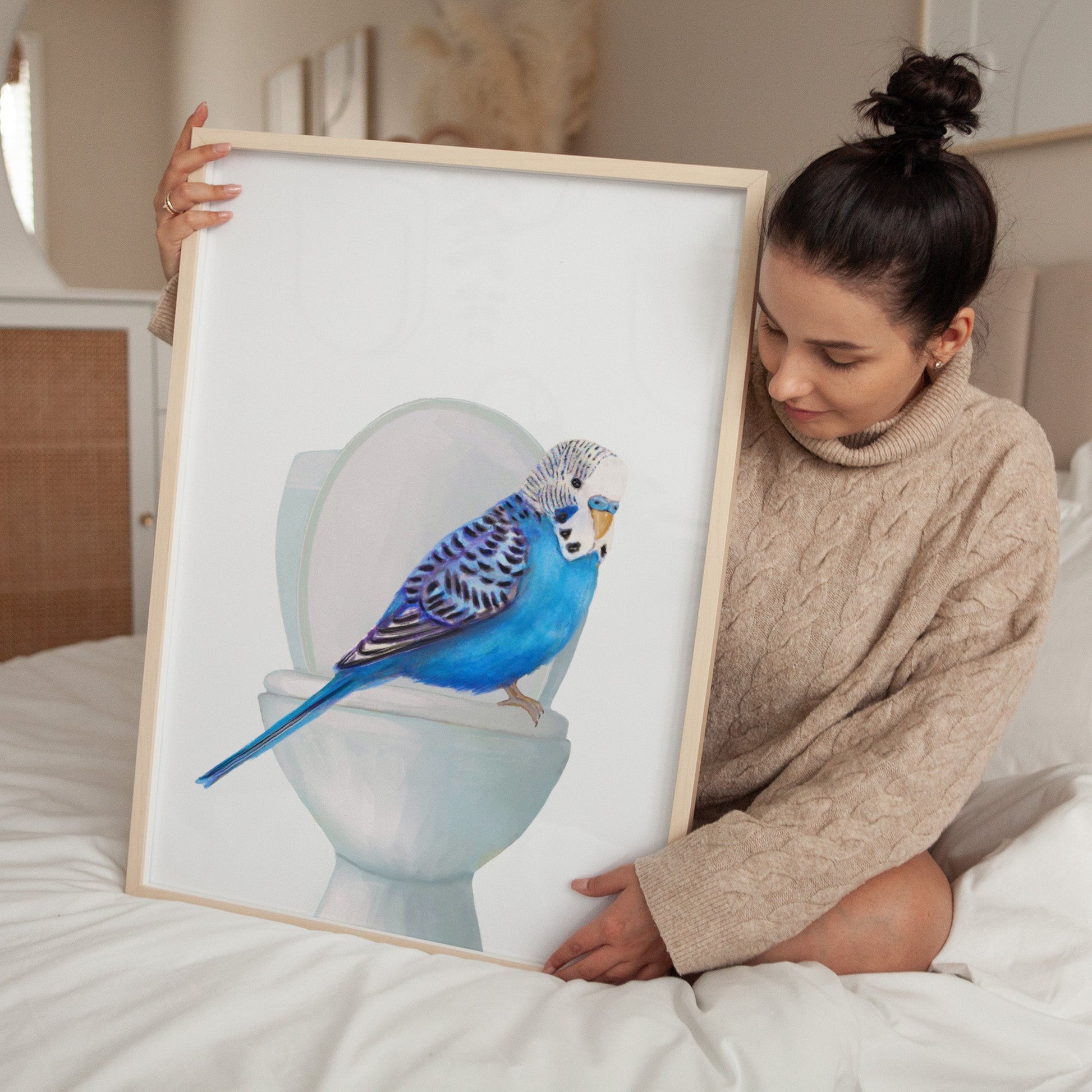 Blue Budgie Toilet Art Print – Whimsical Bird Bathroom Decor - MerikaArt