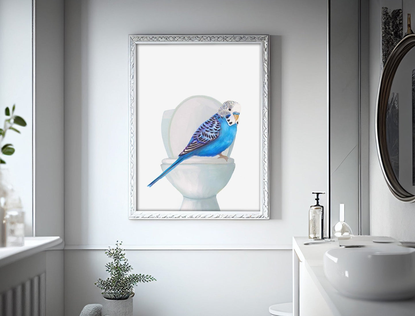 Blue Budgie Toilet Art Print – Whimsical Bird Bathroom Decor - MerikaArt