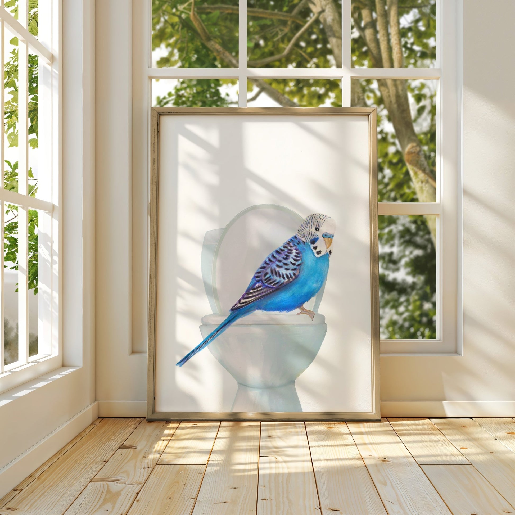 Blue Budgie Toilet Art Print – Whimsical Bird Bathroom Decor - MerikaArt