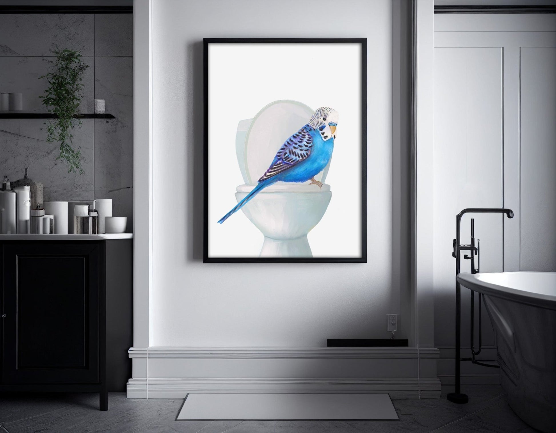 Blue Budgie Toilet Art Print – Whimsical Bird Bathroom Decor - MerikaArt