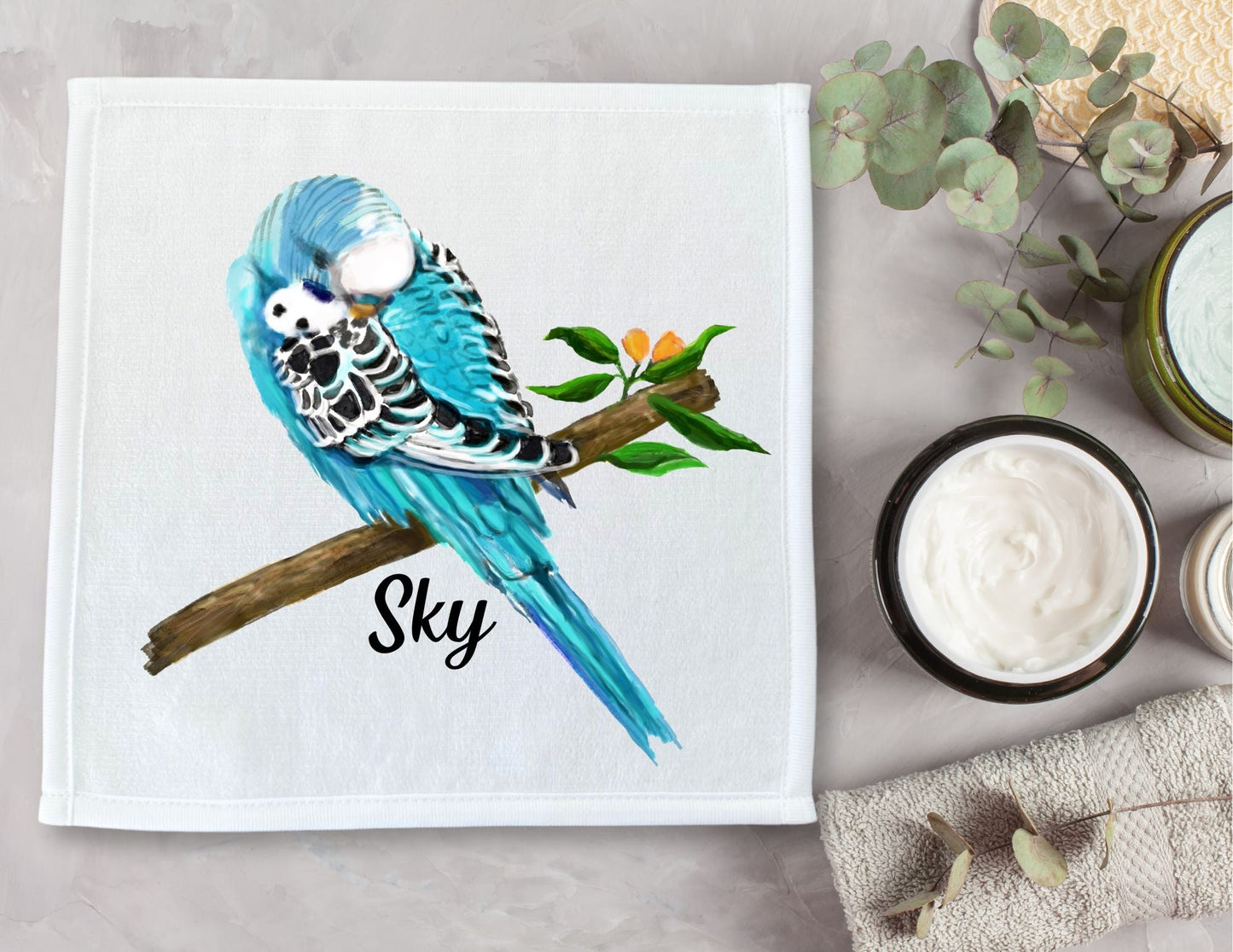 Blue Budgie Washcloth - MerikaArt