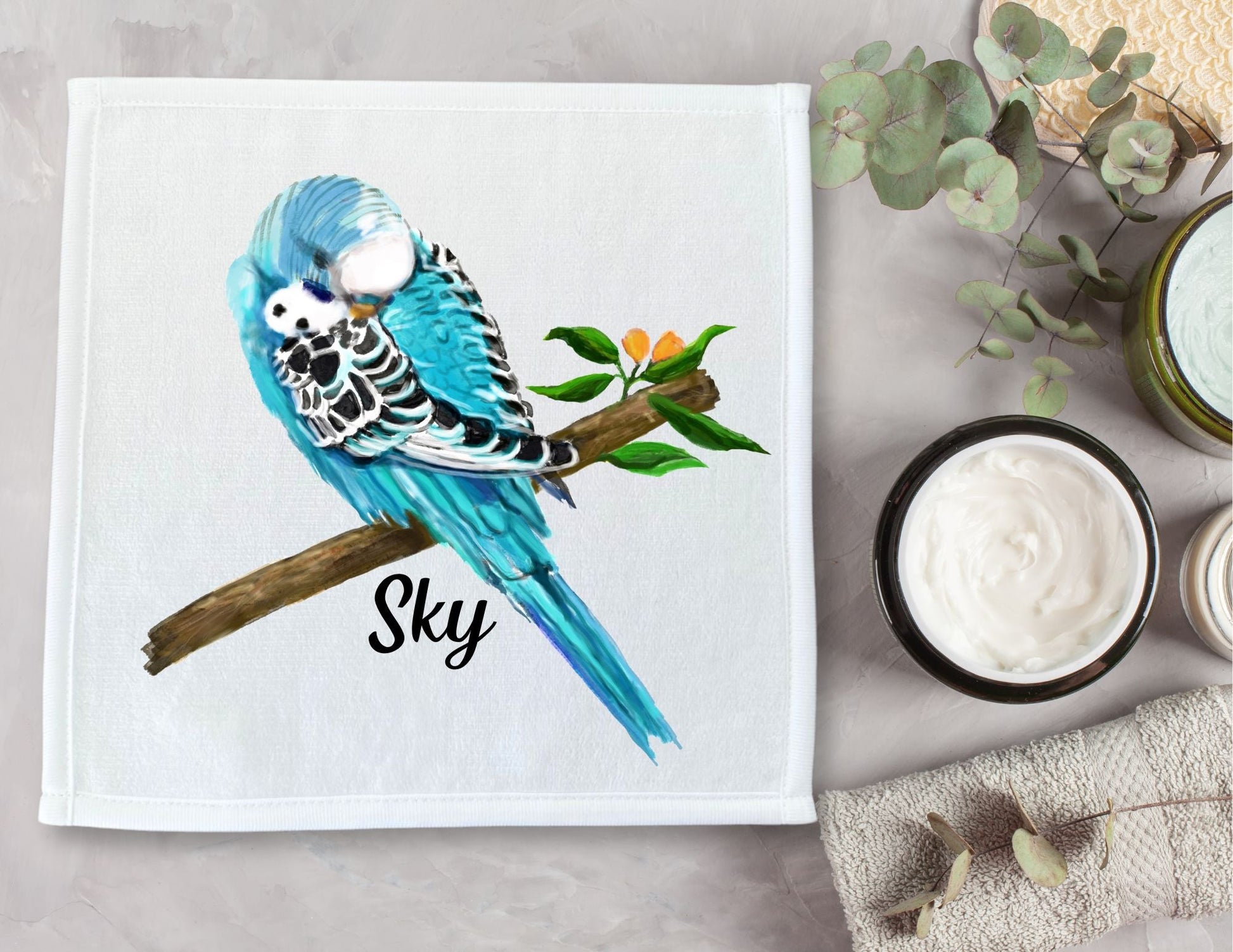 Blue Budgie Washcloth - MerikaArt