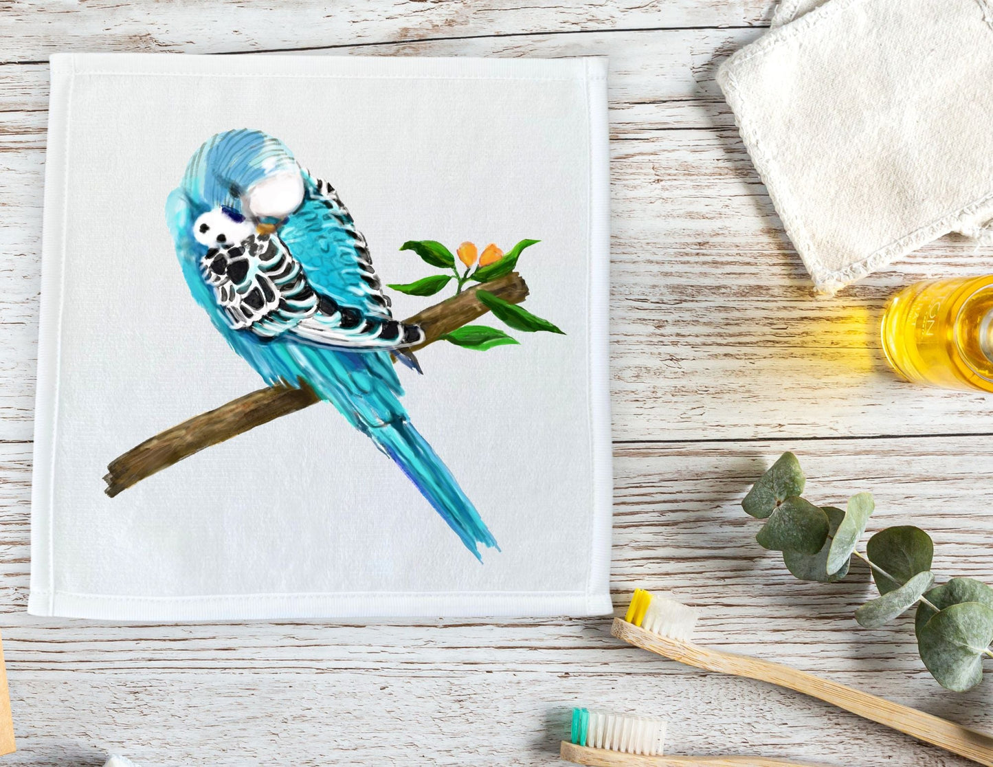 Blue Budgie Washcloth - MerikaArt